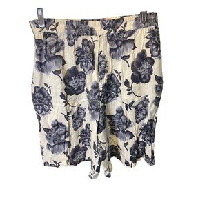 Ashleigh Morgan Floral White Navy Elastic Waist Shorts with Pockets Sz L